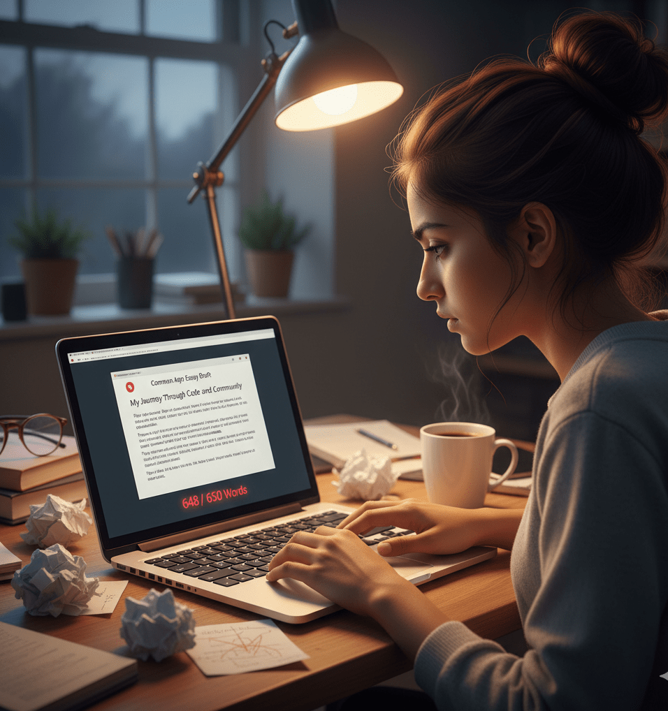 Student focused on writing college essay on laptop